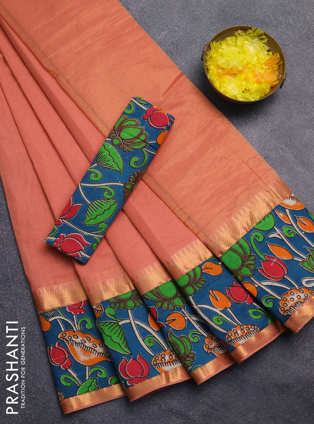 Mangalagiri cotton saree peach shade and peacock green with plain body and rettapet zari woven kalamkari border