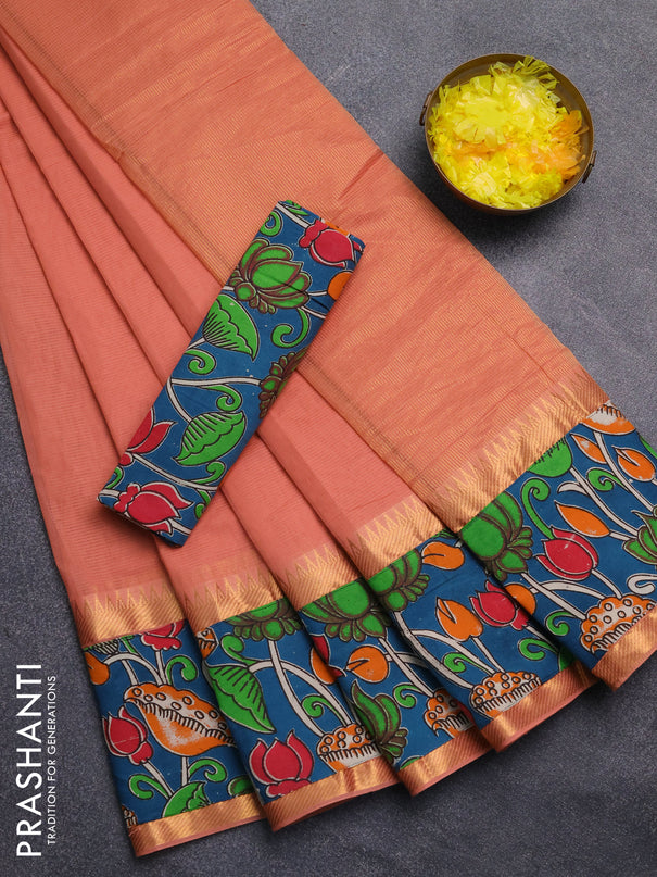 Mangalagiri cotton saree peach shade and peacock green with plain body and rettapet zari woven kalamkari border