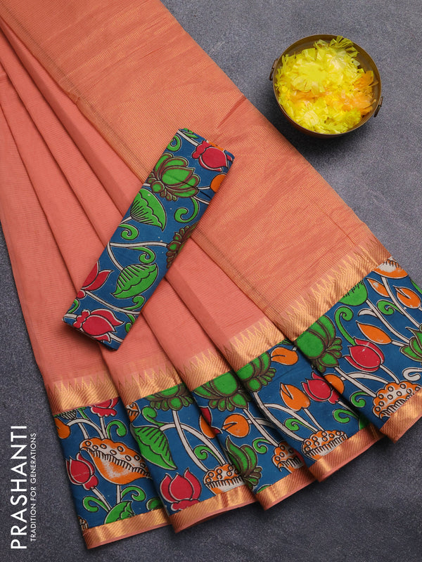 Mangalagiri cotton saree peach shade and peacock green with plain body and rettapet zari woven kalamkari border