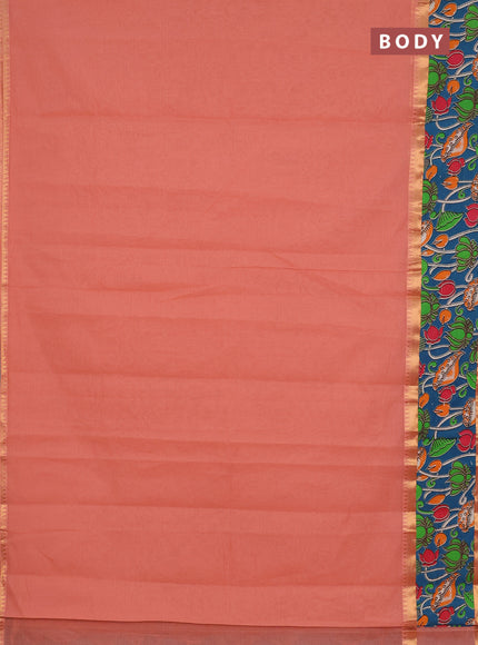 Mangalagiri cotton saree peach shade and peacock green with plain body and rettapet zari woven kalamkari border