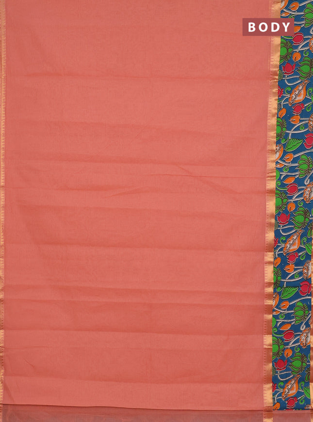 Mangalagiri cotton saree peach shade and peacock green with plain body and rettapet zari woven kalamkari border