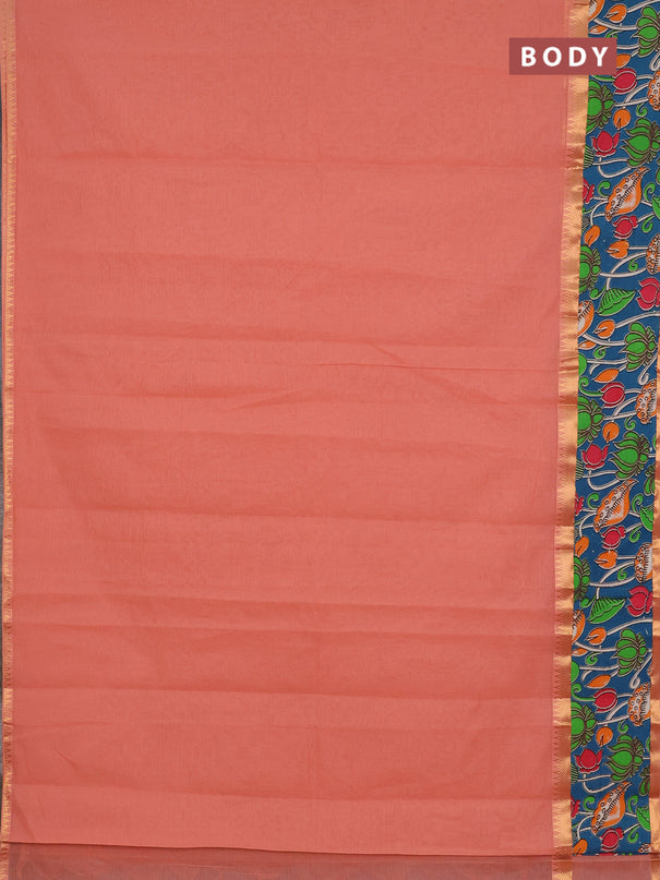Mangalagiri cotton saree peach shade and peacock green with plain body and rettapet zari woven kalamkari border