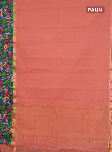Mangalagiri cotton saree peach shade and peacock green with plain body and rettapet zari woven kalamkari border