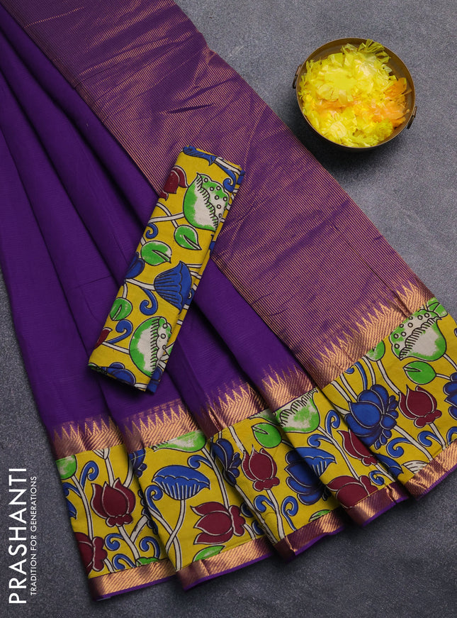 Mangalagiri cotton saree violet and yellow with plain body and rettapet zari woven kalamkari border