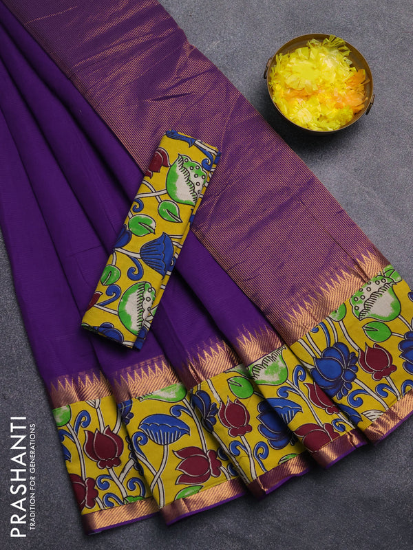 Mangalagiri cotton saree violet and yellow with plain body and rettapet zari woven kalamkari border