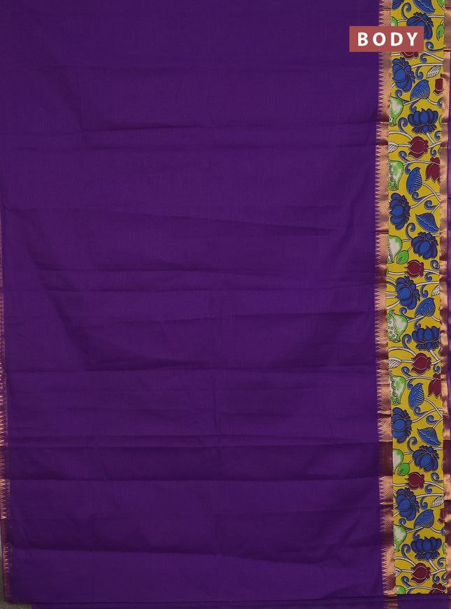 Mangalagiri cotton saree violet and yellow with plain body and rettapet zari woven kalamkari border