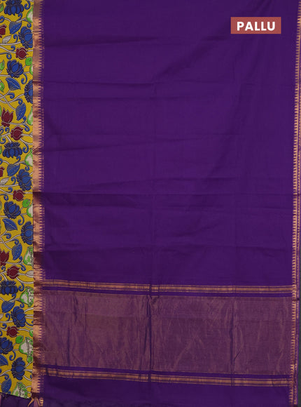 Mangalagiri cotton saree violet and yellow with plain body and rettapet zari woven kalamkari border