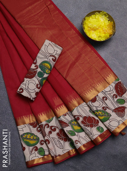 Mangalagiri cotton saree red and beige with plain body and rettapet zari woven kalamkari border