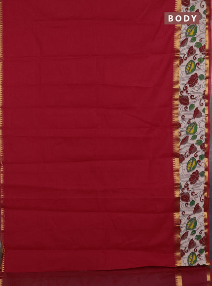 Mangalagiri cotton saree red and beige with plain body and rettapet zari woven kalamkari border