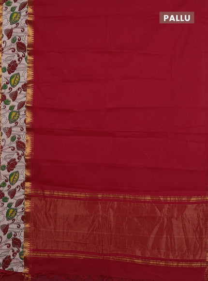 Mangalagiri cotton saree red and beige with plain body and rettapet zari woven kalamkari border