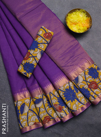 Mangalagiri cotton saree lavender and yellow with plain body and rettapet zari woven kalamkari border