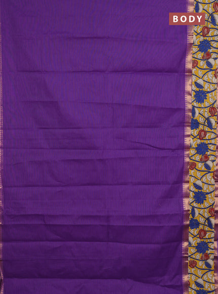 Mangalagiri cotton saree lavender and yellow with plain body and rettapet zari woven kalamkari border