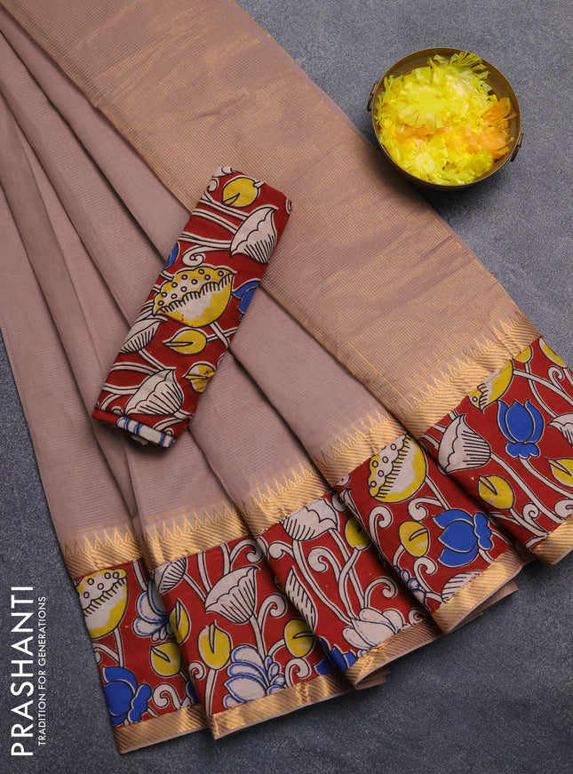 Mangalagiri cotton saree beige and maroon with plain body and rettapet zari woven kalamkari border