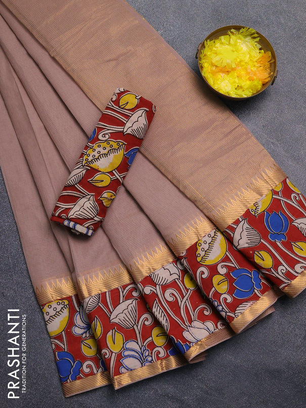 Mangalagiri cotton saree beige and maroon with plain body and rettapet zari woven kalamkari border