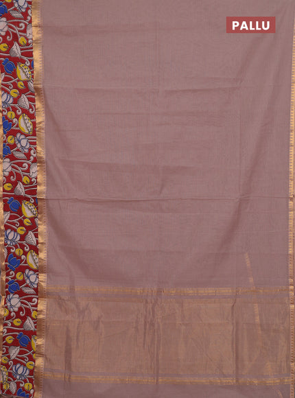 Mangalagiri cotton saree beige and maroon with plain body and rettapet zari woven kalamkari border