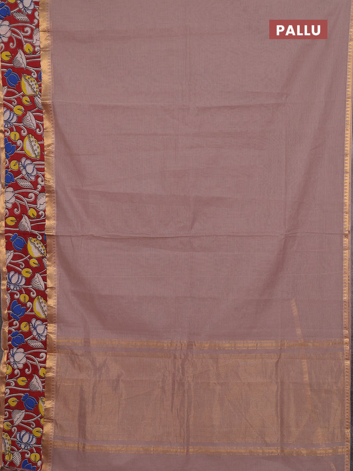 Mangalagiri cotton saree beige and maroon with plain body and rettapet zari woven kalamkari border