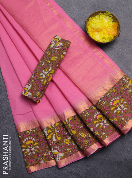 Mangalagiri cotton saree light pink and dark mustard with plain body and rettapet zari woven kalamkari border