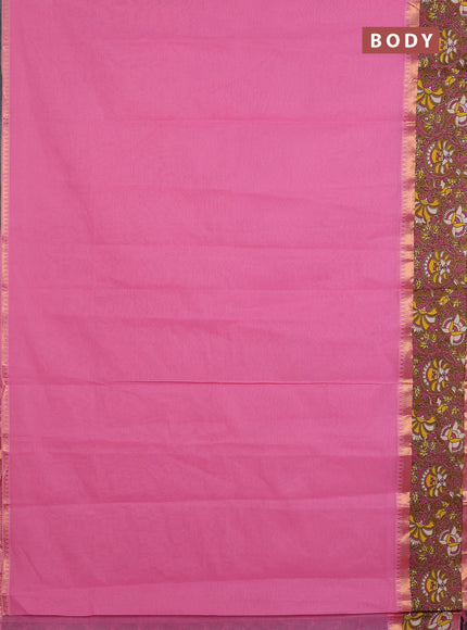 Mangalagiri cotton saree light pink and dark mustard with plain body and rettapet zari woven kalamkari border