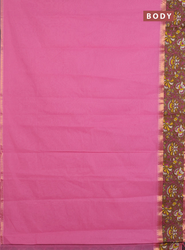 Mangalagiri cotton saree light pink and dark mustard with plain body and rettapet zari woven kalamkari border