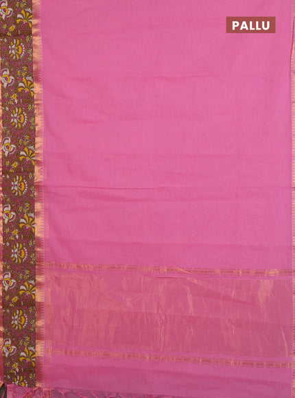 Mangalagiri cotton saree light pink and dark mustard with plain body and rettapet zari woven kalamkari border