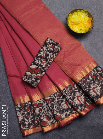 Mangalagiri cotton saree dark peach and black with plain body and rettapet zari woven kalamkari border
