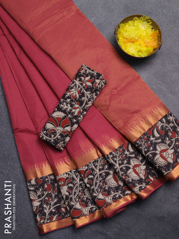 Mangalagiri cotton saree dark peach and black with plain body and rettapet zari woven kalamkari border
