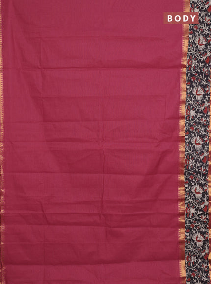 Mangalagiri cotton saree dark peach and black with plain body and rettapet zari woven kalamkari border