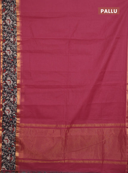 Mangalagiri cotton saree dark peach and black with plain body and rettapet zari woven kalamkari border