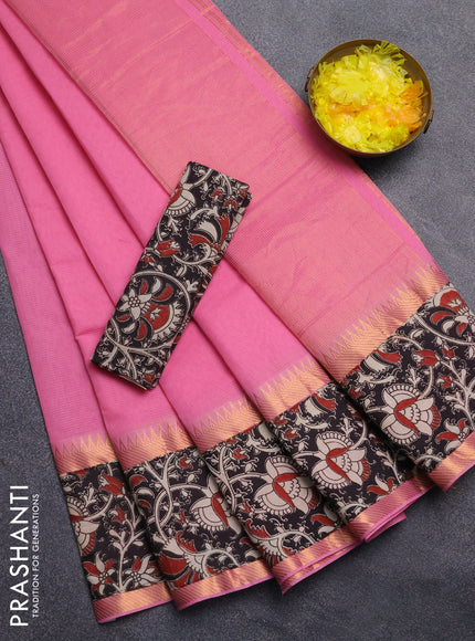 Mangalagiri cotton saree light pink and black with plain body and rettapet zari woven kalamkari border