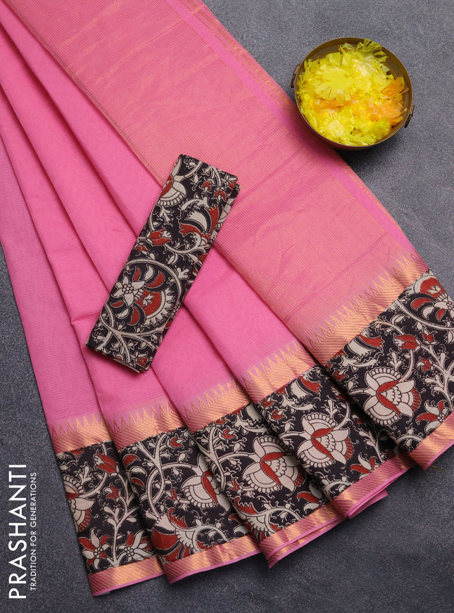 Mangalagiri cotton saree light pink and black with plain body and rettapet zari woven kalamkari border