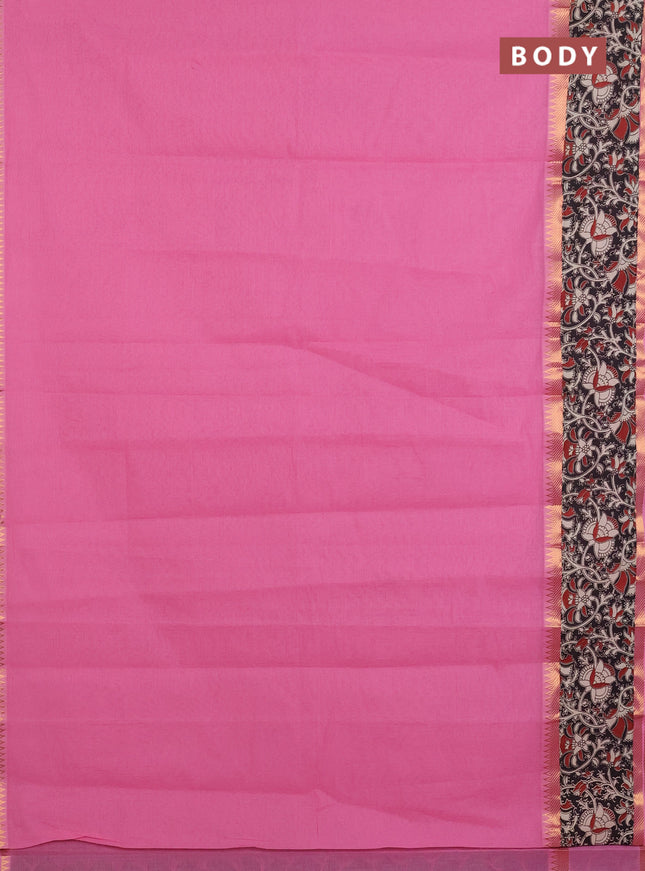 Mangalagiri cotton saree light pink and black with plain body and rettapet zari woven kalamkari border