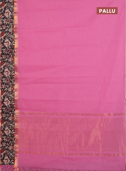 Mangalagiri cotton saree light pink and black with plain body and rettapet zari woven kalamkari border