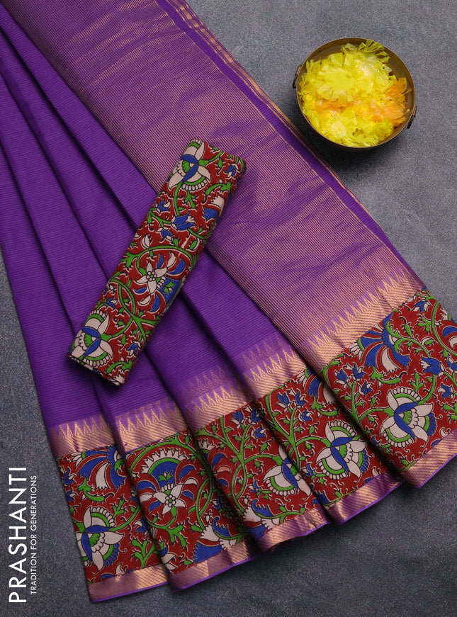 Mangalagiri cotton saree violet and maroon with plain body and rettapet zari woven kalamkari border