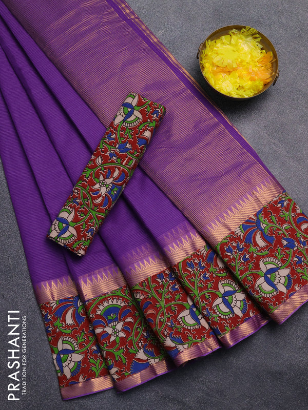 Mangalagiri cotton saree violet and maroon with plain body and rettapet zari woven kalamkari border