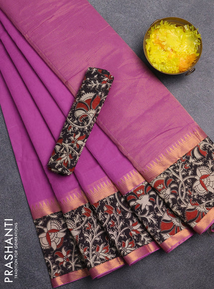 Mangalagiri cotton saree purple and black with plain body and rettapet zari woven kalamkari border