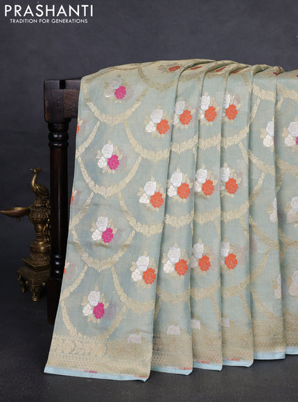 Banarasi tissue uppada silk saree pastel blue with allover zari weaves and zari woven border