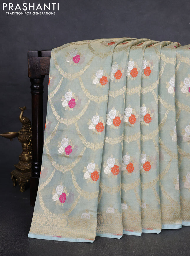 Banarasi tissue uppada silk saree pastel blue with allover zari weaves and zari woven border