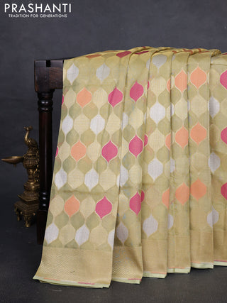 Banarasi tissue uppada silk saree pista green with allover thread & zari geometric weaves and zari woven border