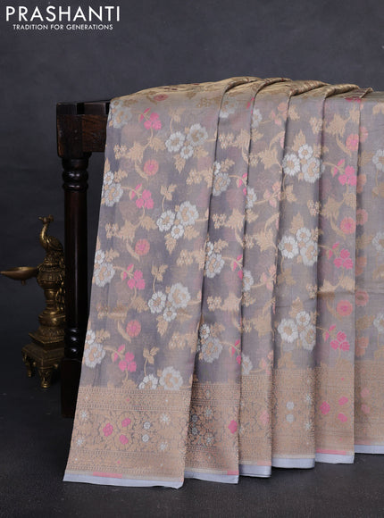 Banarasi tissue uppada silk saree pastel grey with allover thread & zari floral weaves and zari woven border