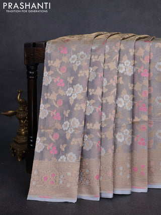 Banarasi tissue uppada silk saree pastel grey with allover thread & zari floral weaves and zari woven border