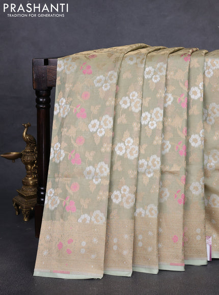 Banarasi tissue uppada silk saree pista green with allover thread & zari floral weaves and zari woven border