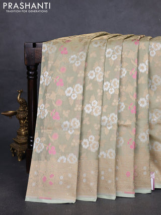 Banarasi tissue uppada silk saree pista green with allover thread & zari floral weaves and zari woven border