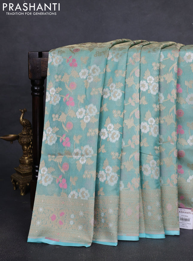Banarasi tissue uppada silk saree light blue with allover thread & zari floral weaves and zari woven border