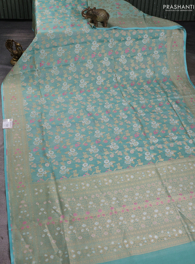 Banarasi tissue uppada silk saree light blue with allover thread & zari floral weaves and zari woven border