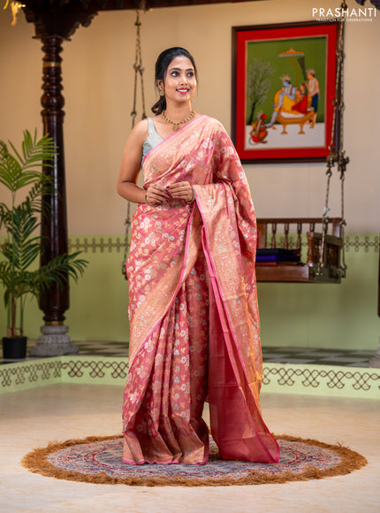 Banarasi tissue uppada silk saree light pink with allover thread & zari floral weaves and zari woven border