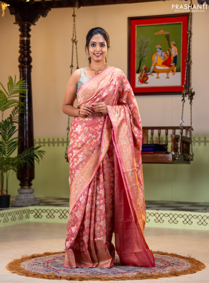 Banarasi tissue uppada silk saree light pink with allover thread & zari floral weaves and zari woven border