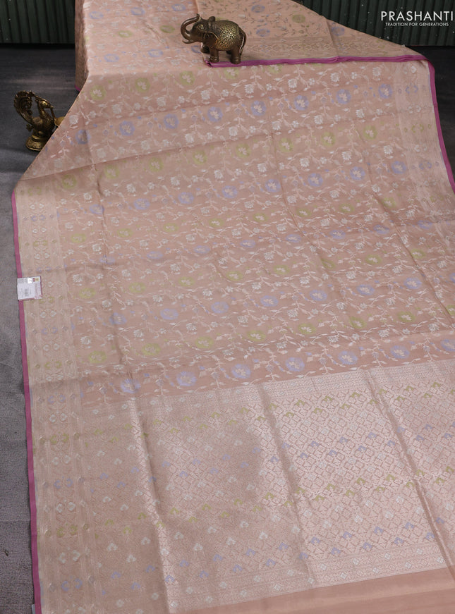Banarasi tissue uppada silk saree beige and mauve pink with allover thread & zari floral weaves and zari woven border