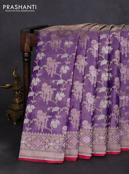 Banarasi tissue uppada silk saree violet and pink with allover thread & zari floral weaves and zari woven border