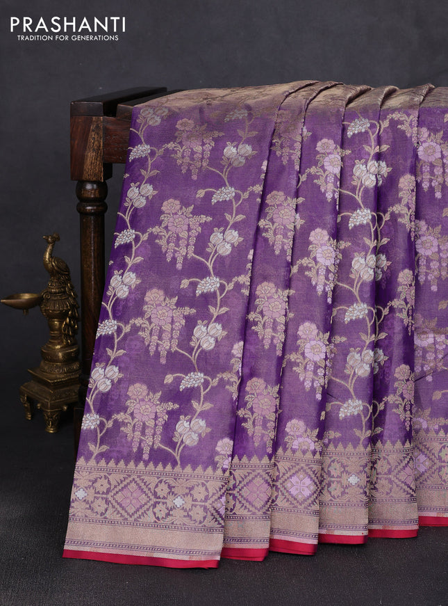 Banarasi tissue uppada silk saree violet and pink with allover thread & zari floral weaves and zari woven border