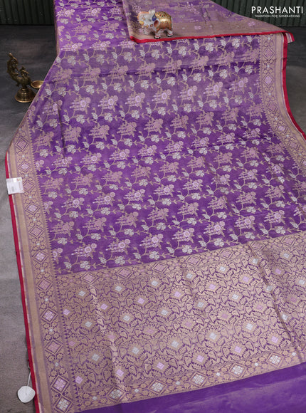 Banarasi tissue uppada silk saree violet and pink with allover thread & zari floral weaves and zari woven border